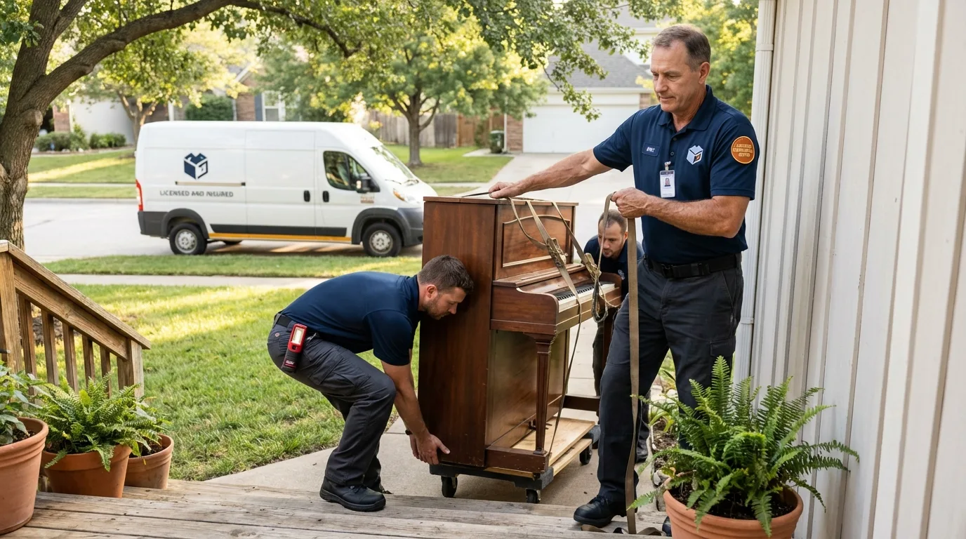Licensed piano movers securing grand piano in Columbia, KY
