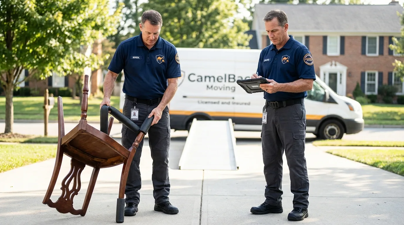 Movers inspecting furniture for damage prevention before loading in Columbia, KY