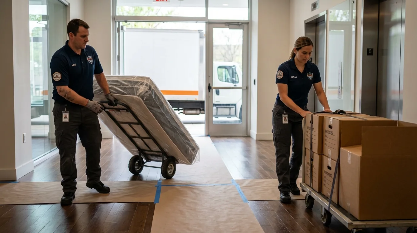 Professional apartment movers loading elevator in Columbia, KY